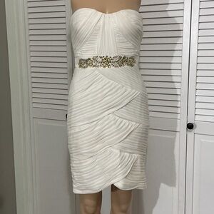Cache Strapless Ivory Cocktail Dress with Gold Waist Detail